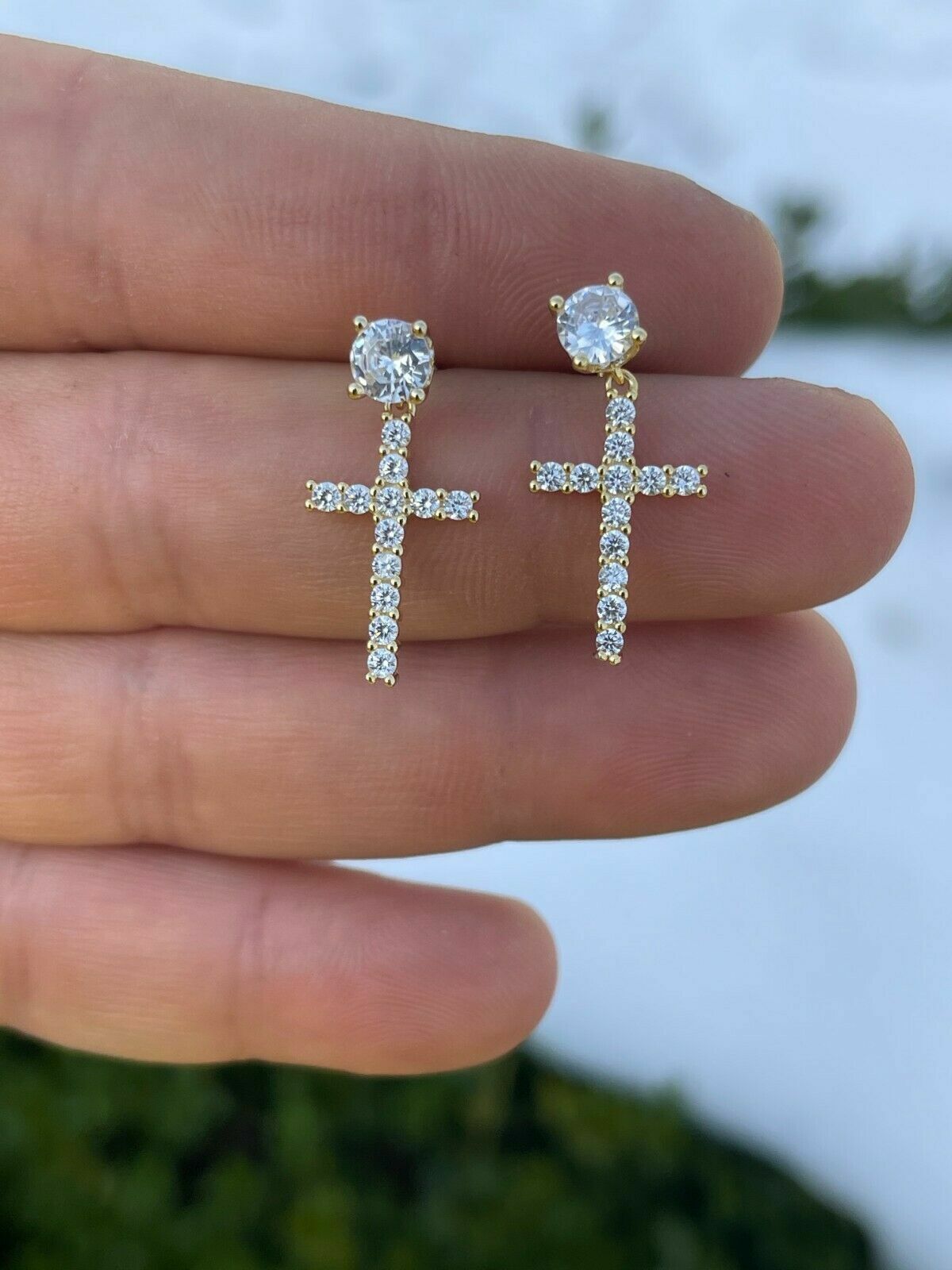 Real MOISSANITE 14k Gold Plated Dangle Cross Studs Earrings Iced Passes Tester