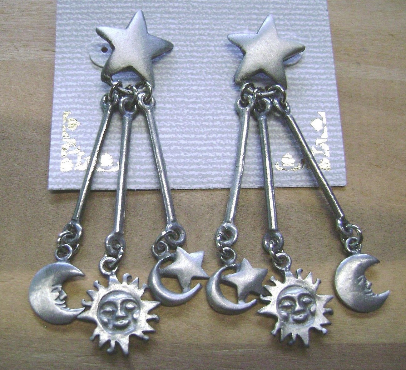 NWT- PEWTER HIPPIE/HOBO DANGLEY STAR, CRESCENT MOON,SUN PIERCED EARRINGS