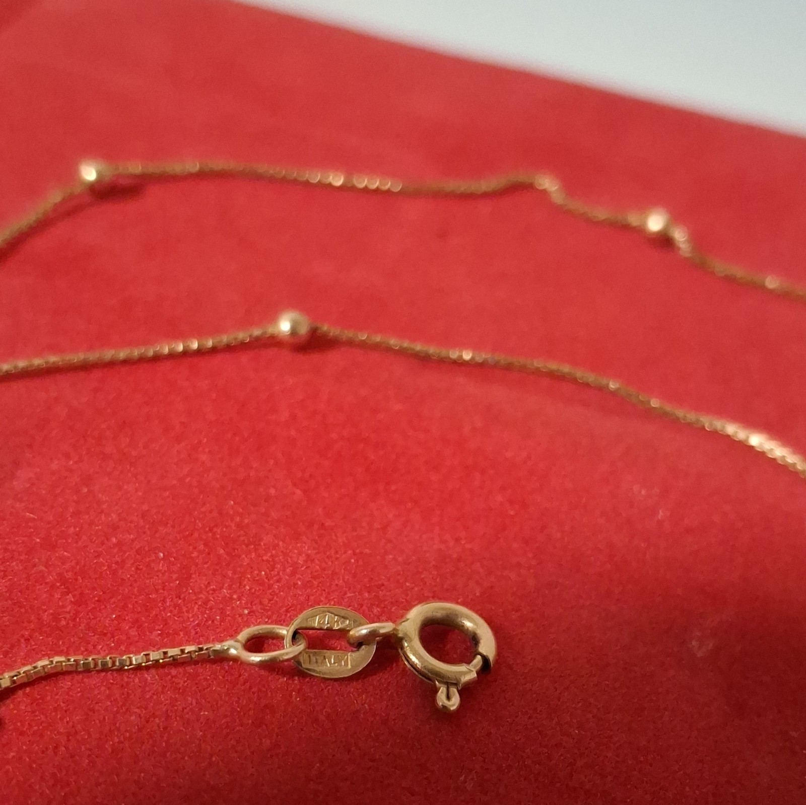 14k Gold Box Chain Station Necklace Spring Ring Clasp Metal No Stone