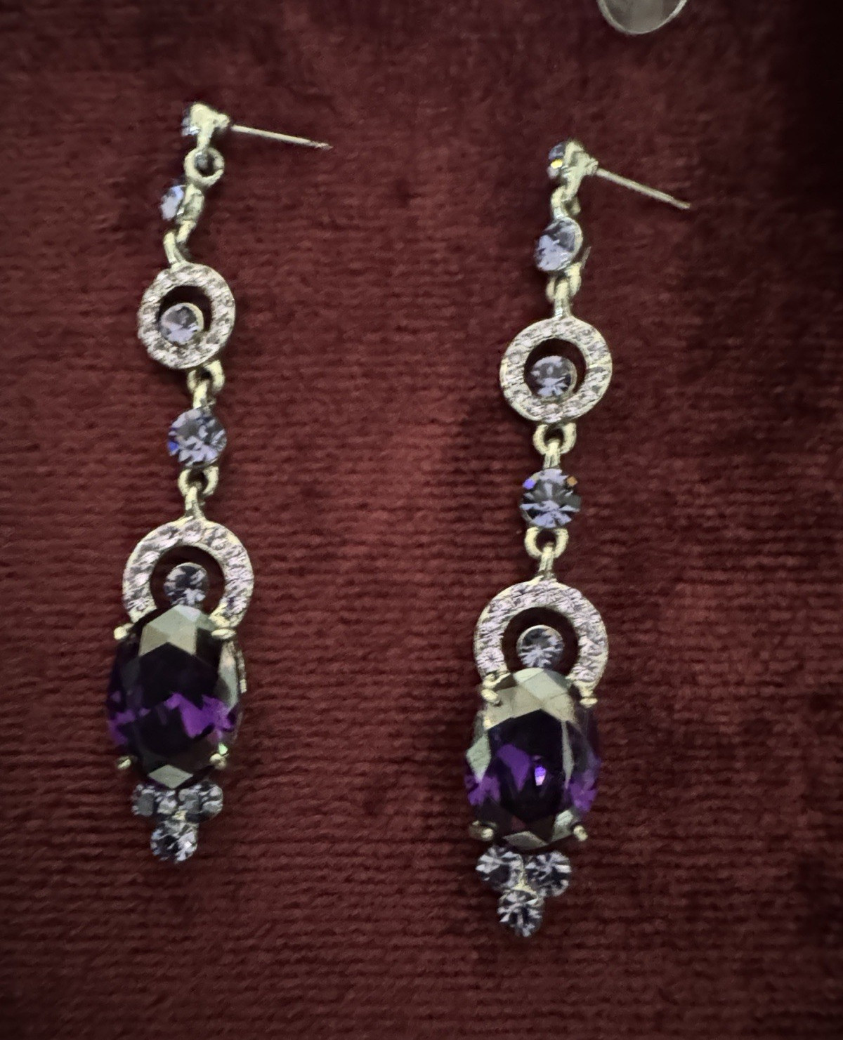 Silver Tone Purple Simulated Crystal Rhinestone Dangle Earrings 3in Butterfly