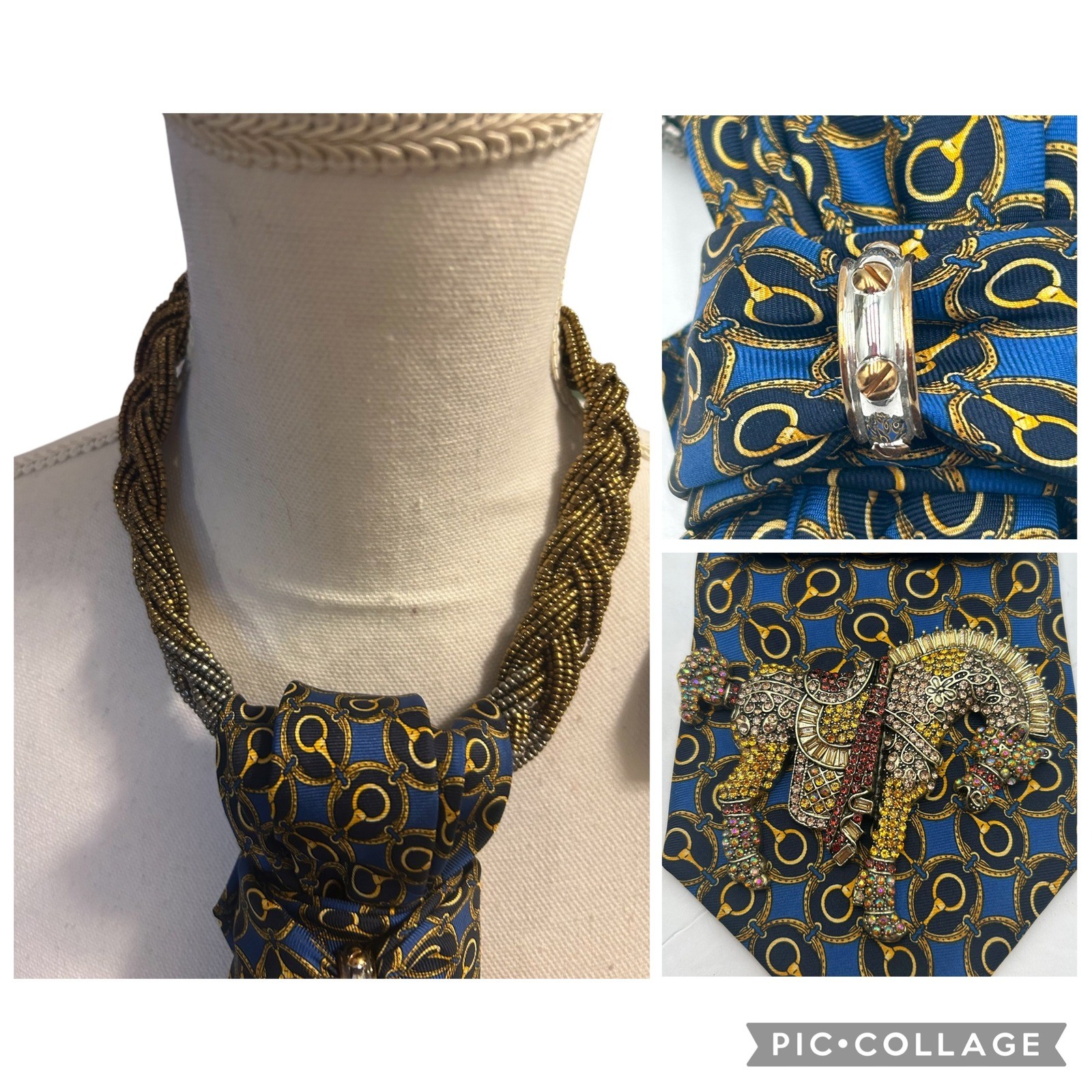Club Room Silk Tie Horse Necklace Western Equestrian Blue Gold Crystal Brooch