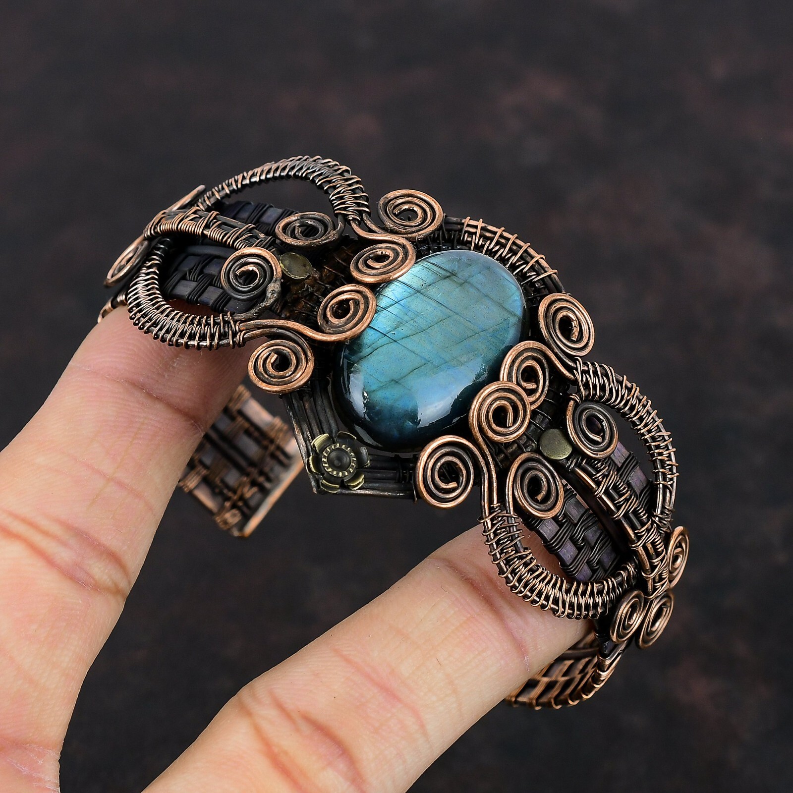 Labradorite Jewelry Copper Gift For Friend Wire Wrapped Adjustable Bangle
