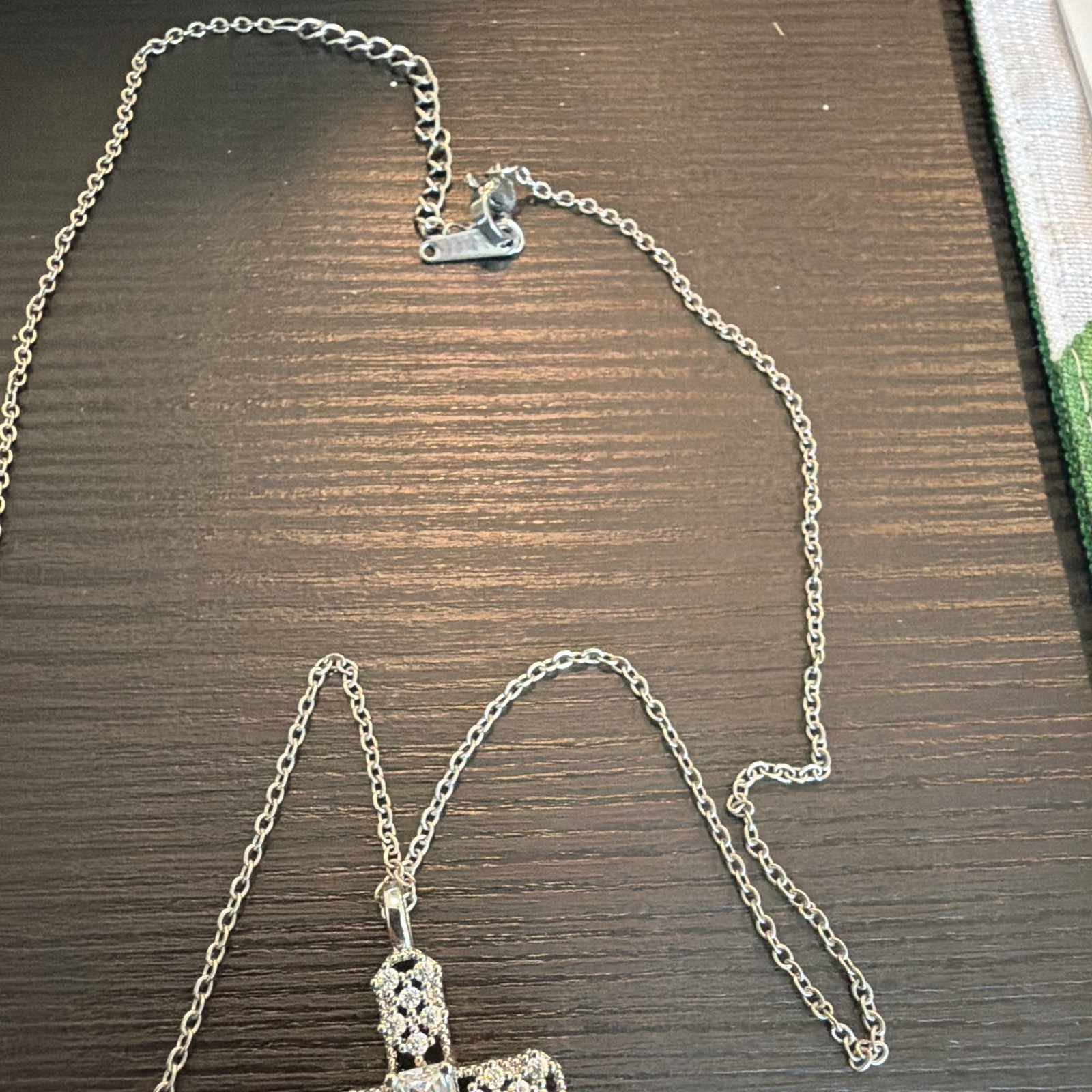 Cable Chain Cross Pendant Necklace Silver Tone, Lobster Clasp, Crystal