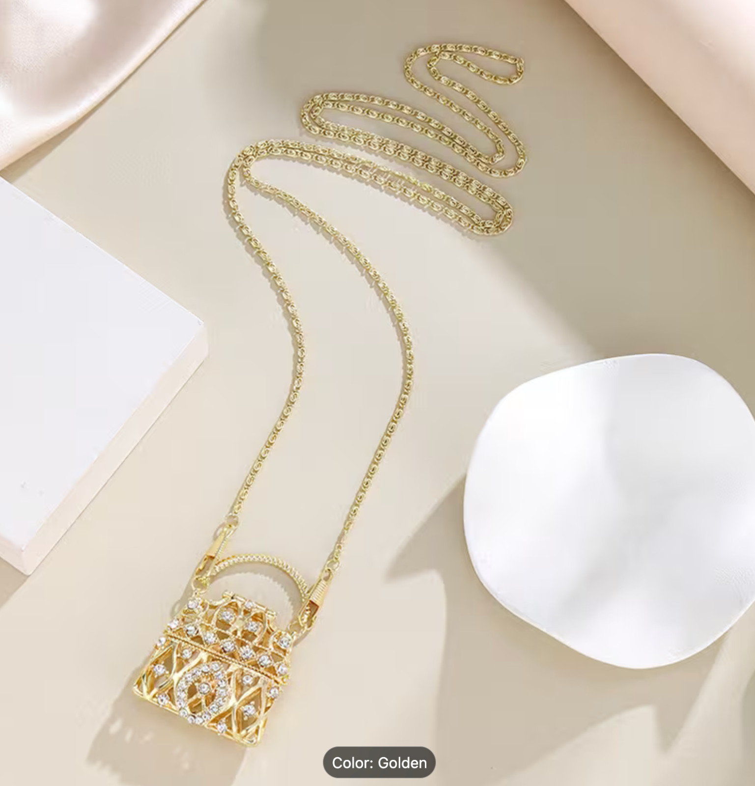 Mini Crystal Purse Pendant Necklace Gold Tone Long Chain Crossbody Handbag Charm