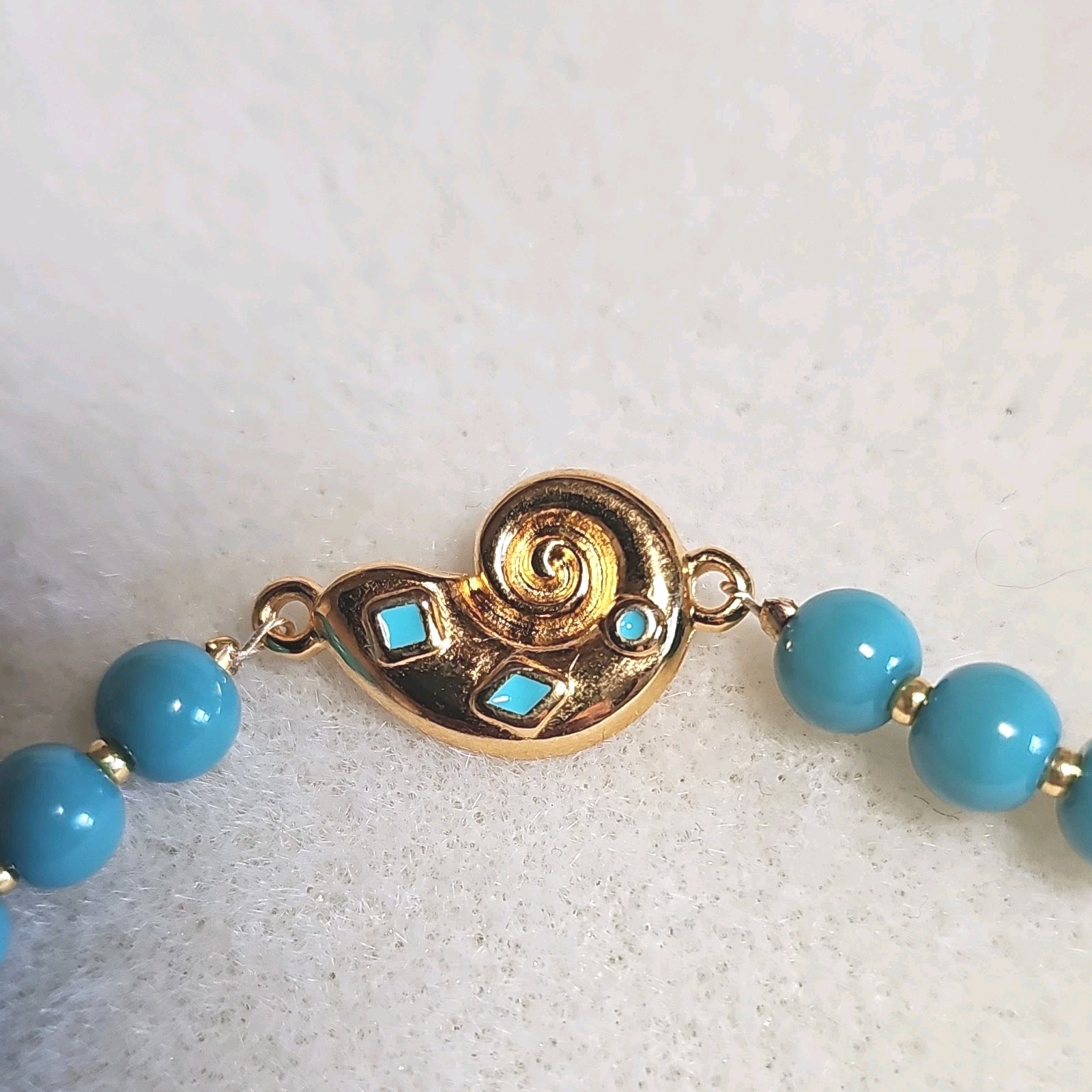Turquoise Glass Beaded Necklace W/ 18k Gold Plate Shell Enamel Focal S-hook Clos
