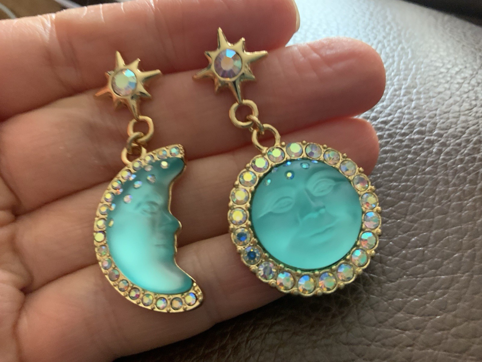 Moon Sun Star Earrings Face Mismatch Gold Deco Celestial Glass CZ Asymmetric