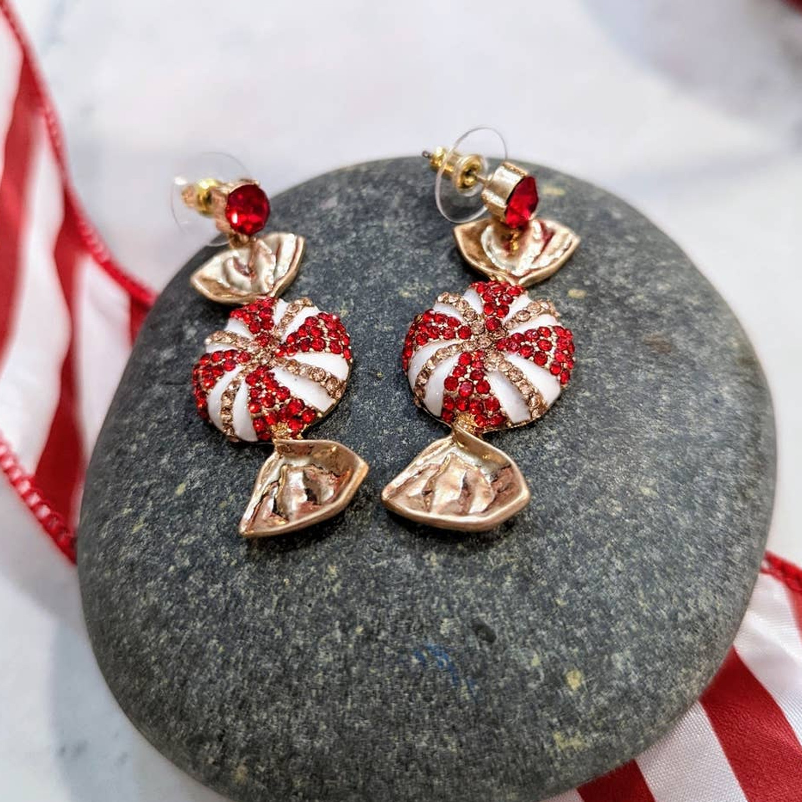HOLIDAY Red White Sparkle Peppermint Dangle Post Earrings Christmas Gift NEW
