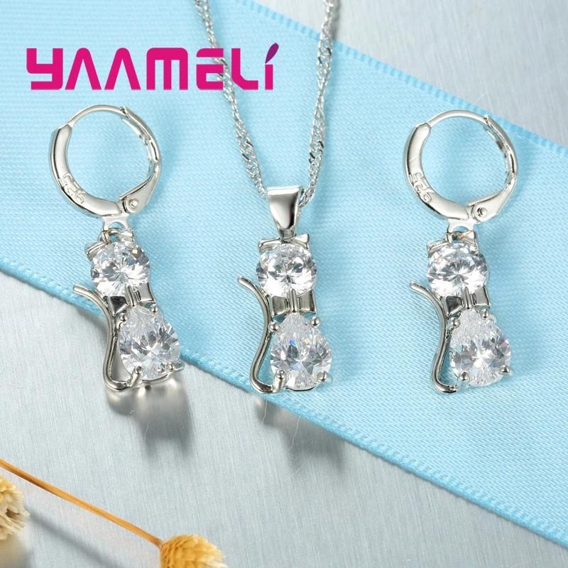 Silver Color Cat Pendant Necklace and Huggie Earrings Jewelry Set for Women Girl