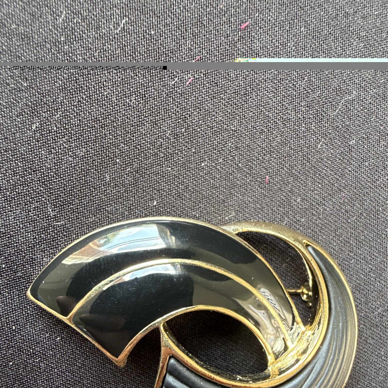 Vintage Trifari Signed Gold Tone Black Enamel Abstract Art Brooch Pin