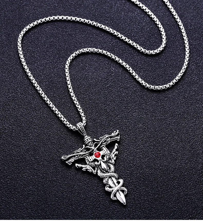 Punk Gothic Necklace Men Alloy Dragon Sword Evil Eye Cross Pendant Jewelry Gift