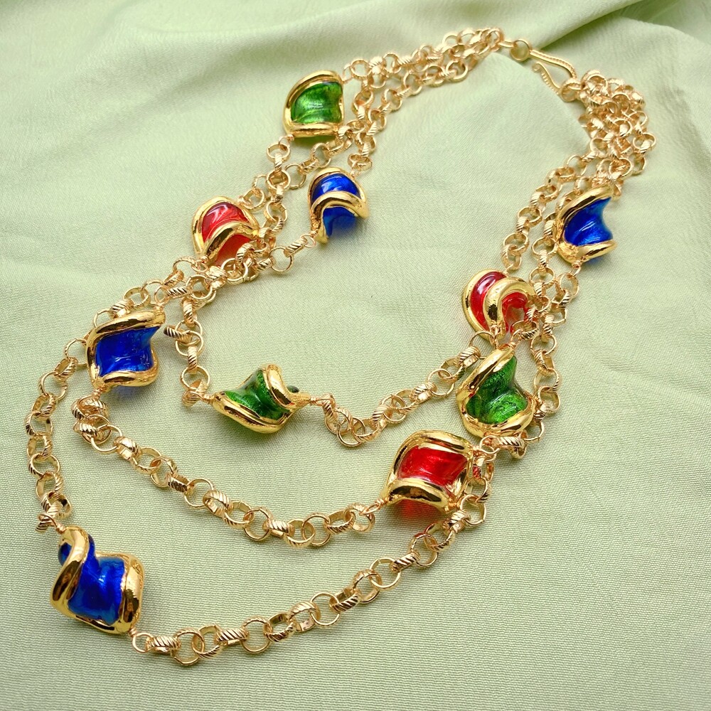 3 Strands Green Blue Red Murano Glass Gold Plated Chain Necklace