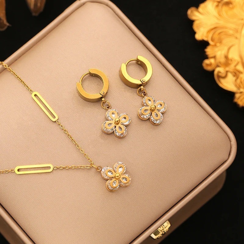 316L Stainless Steel Colored Zircon Necklace Earrings Set Luxury Sparkling Cryst