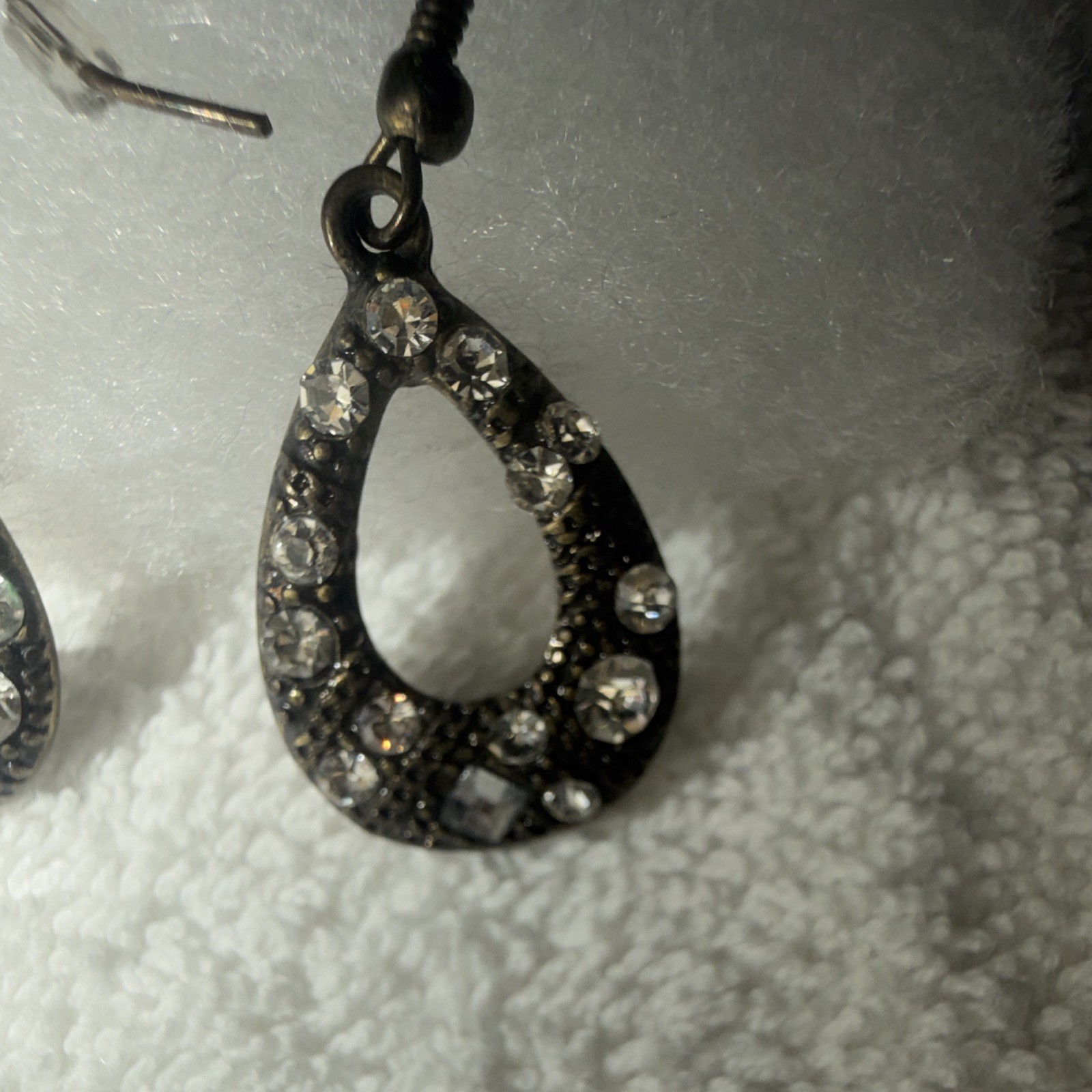 Black Teardrop Dangle/Drop Hook Earrings Silver Tone Clear Simulated Crystal