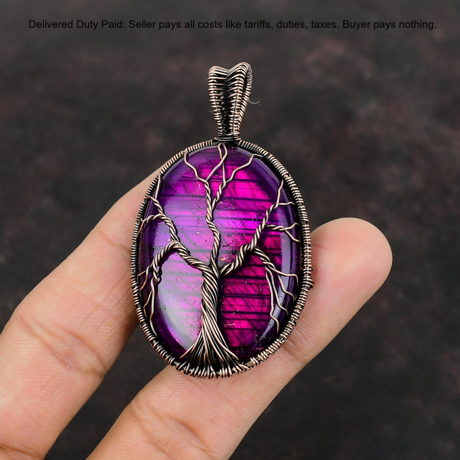 Copper Pink Fire Labradorite Gemstone Wife Tree Of Life And Wire Wrapped Pendant