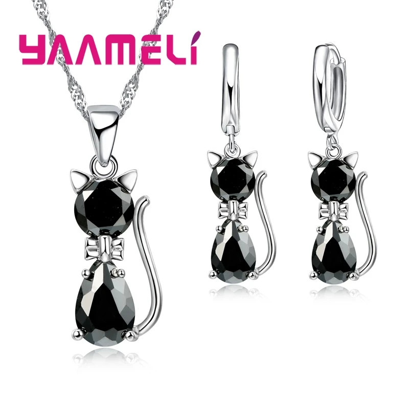 Silver Color Cat Pendant Necklace and Huggie Earrings Jewelry Set for Women Girl