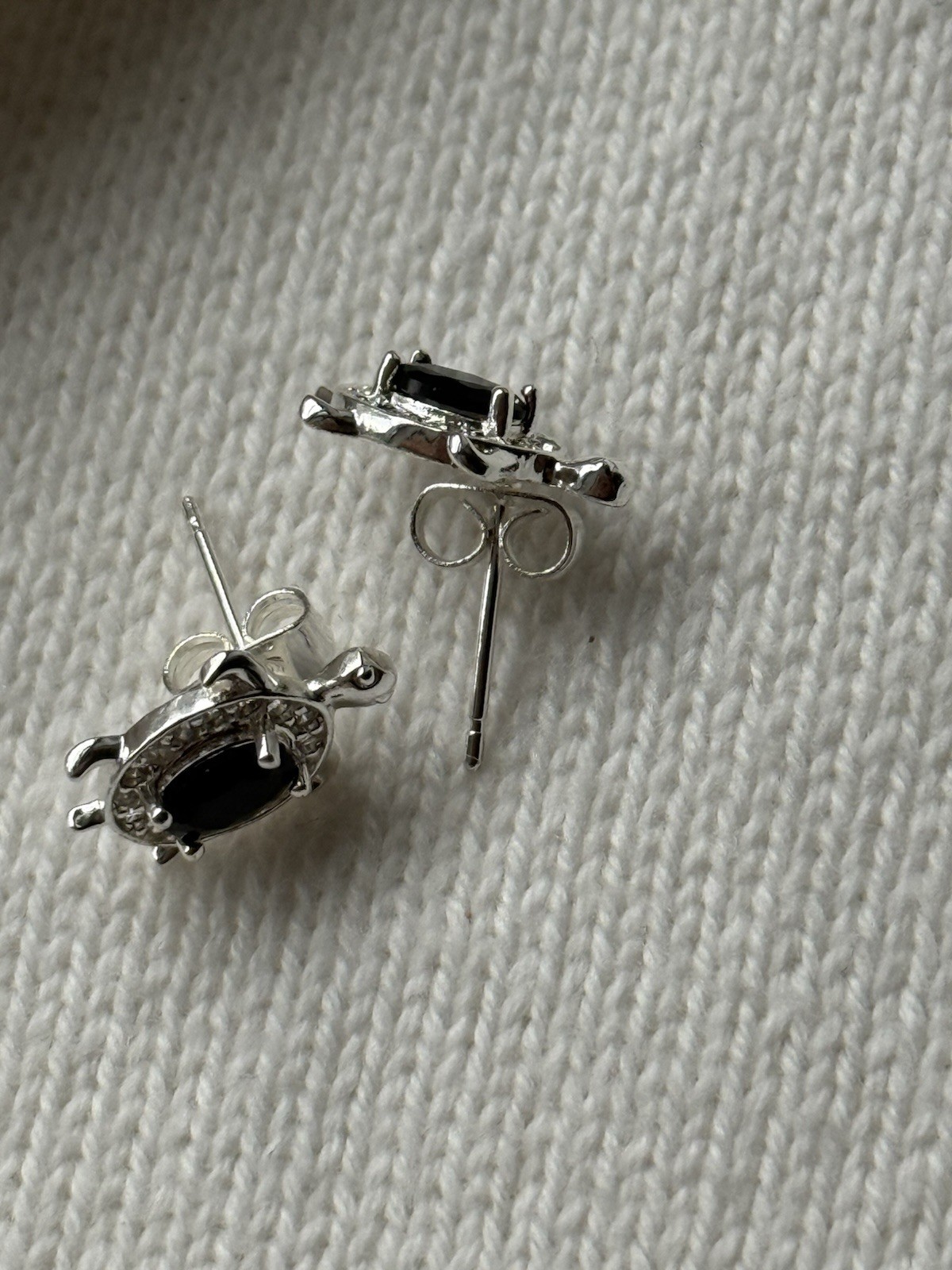 Silver Tone Turtle Stud Earrings with Black Oval Gemstone and Rhinestone