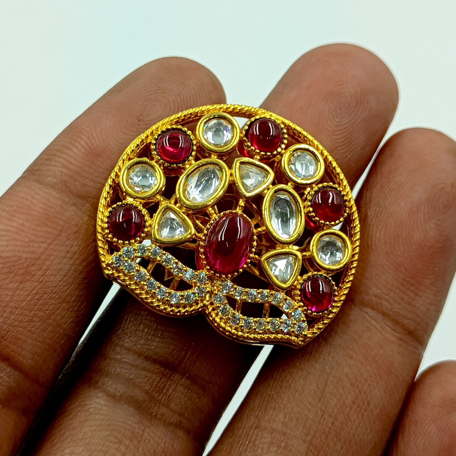Traditional Indian Kundan Polki Ring Ruby Stone 22k Gold Plated Adjustable Band
