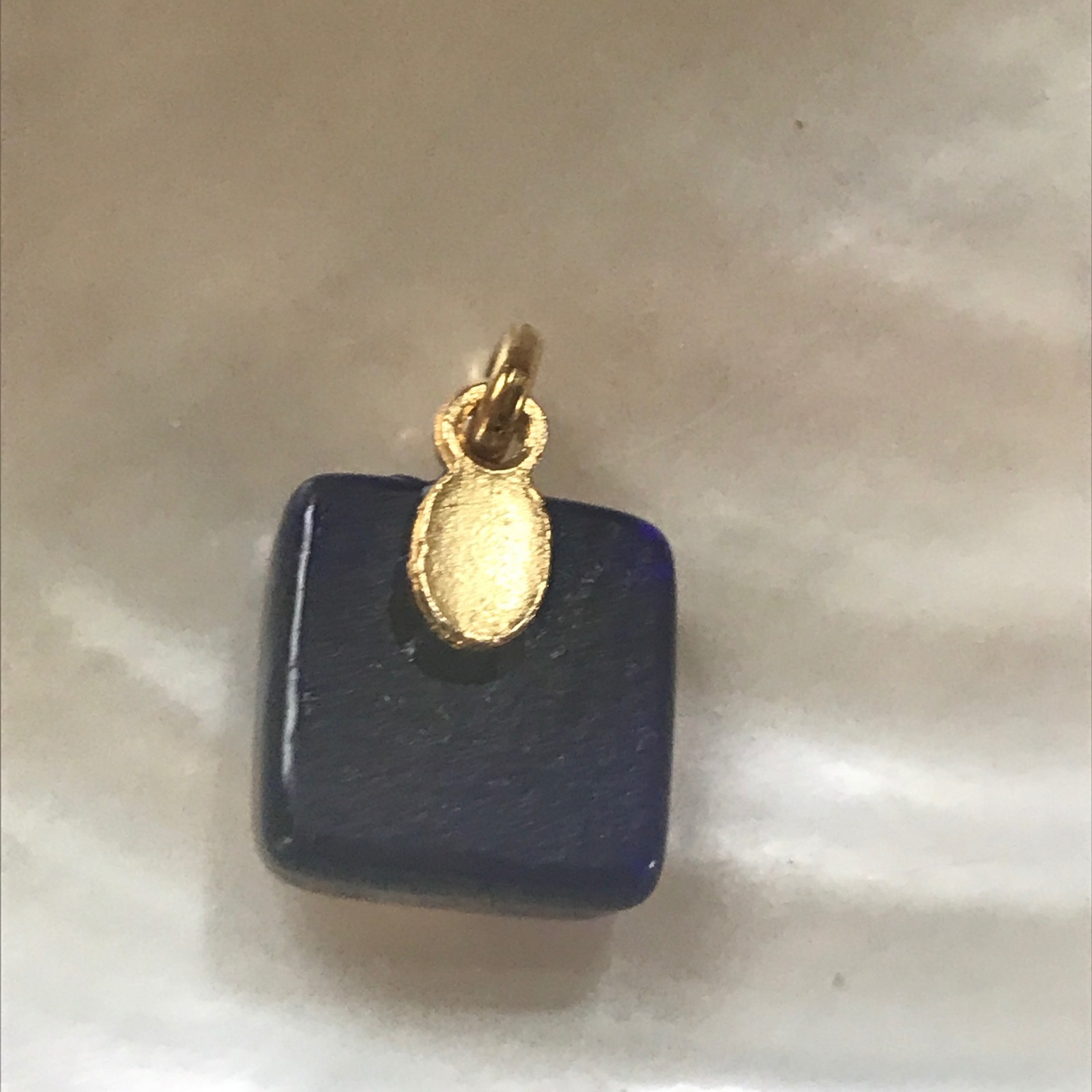 Estate Small Blue Square with Gilt Orange & Yellow Fused Art Glass Pendant – 0.7
