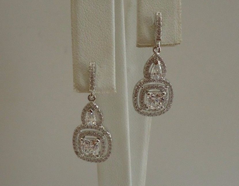 925 STERLING SILVER CLEAR TEARDROP SQUARE DANGLING EARRINGS W/ 4 CT LAB STONES