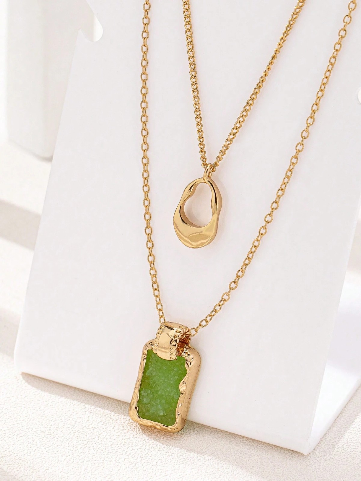 Layered Druzy Stone Pendant Necklace Gold Plated Stainless Steel Boho Women