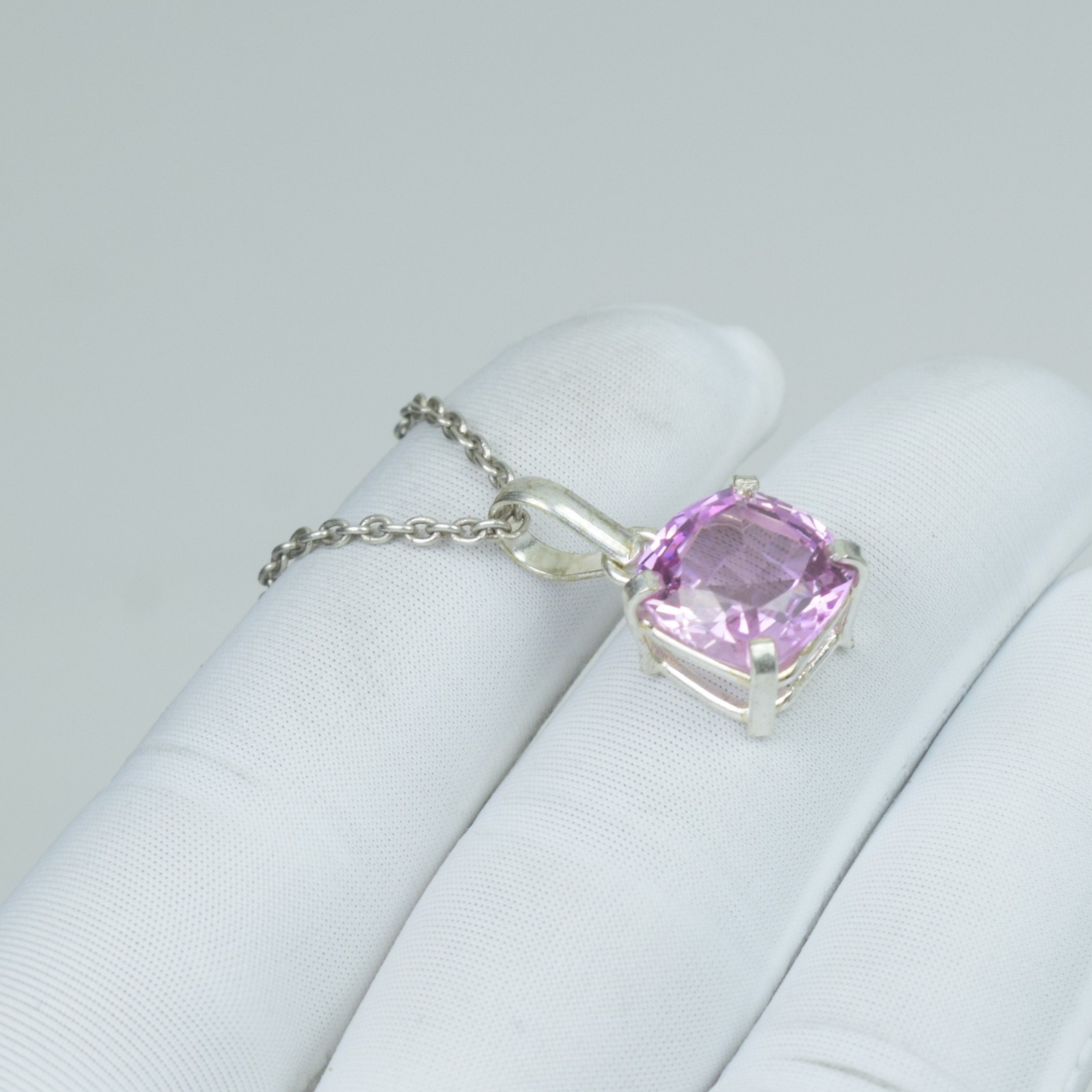 Pink Kunzite Necklace Cushion Cut Jewelry, 16Ct Sterling Silver Teardrop Pendant