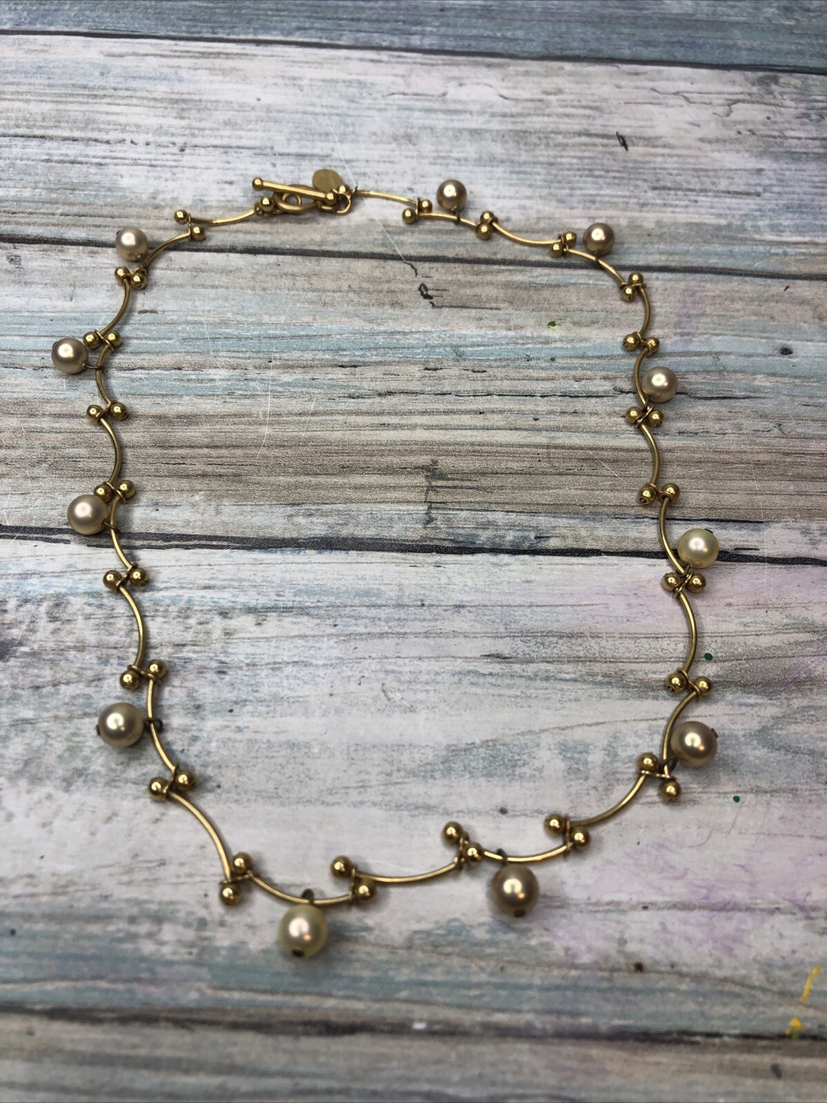 Carolee Bar Bell Necklace Pearl Gold Tone Choker 15″