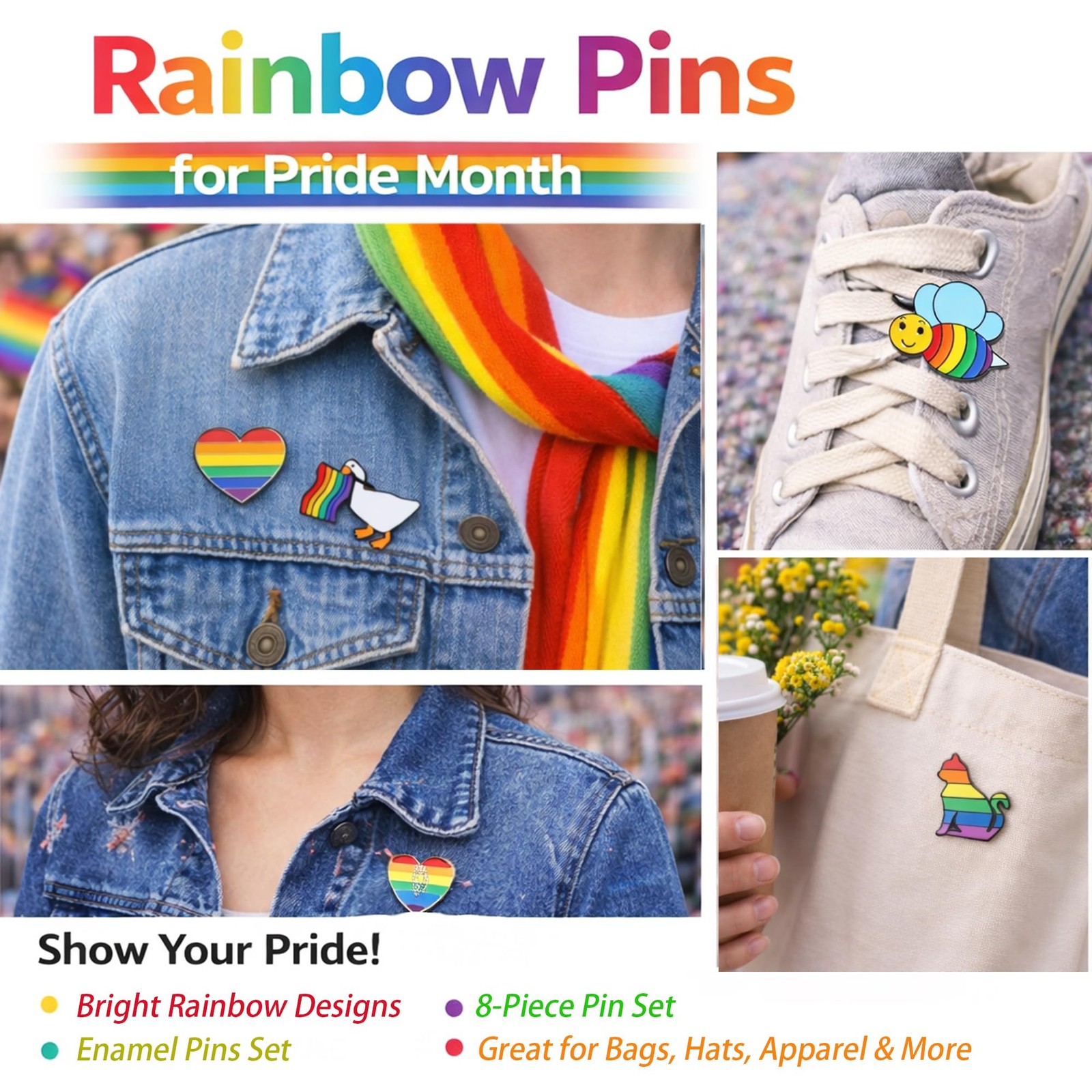 8 Pack Rainbow Enamel Pins Set, Cute Pride Lapel Pins with 2 Spare Pin Backs,…