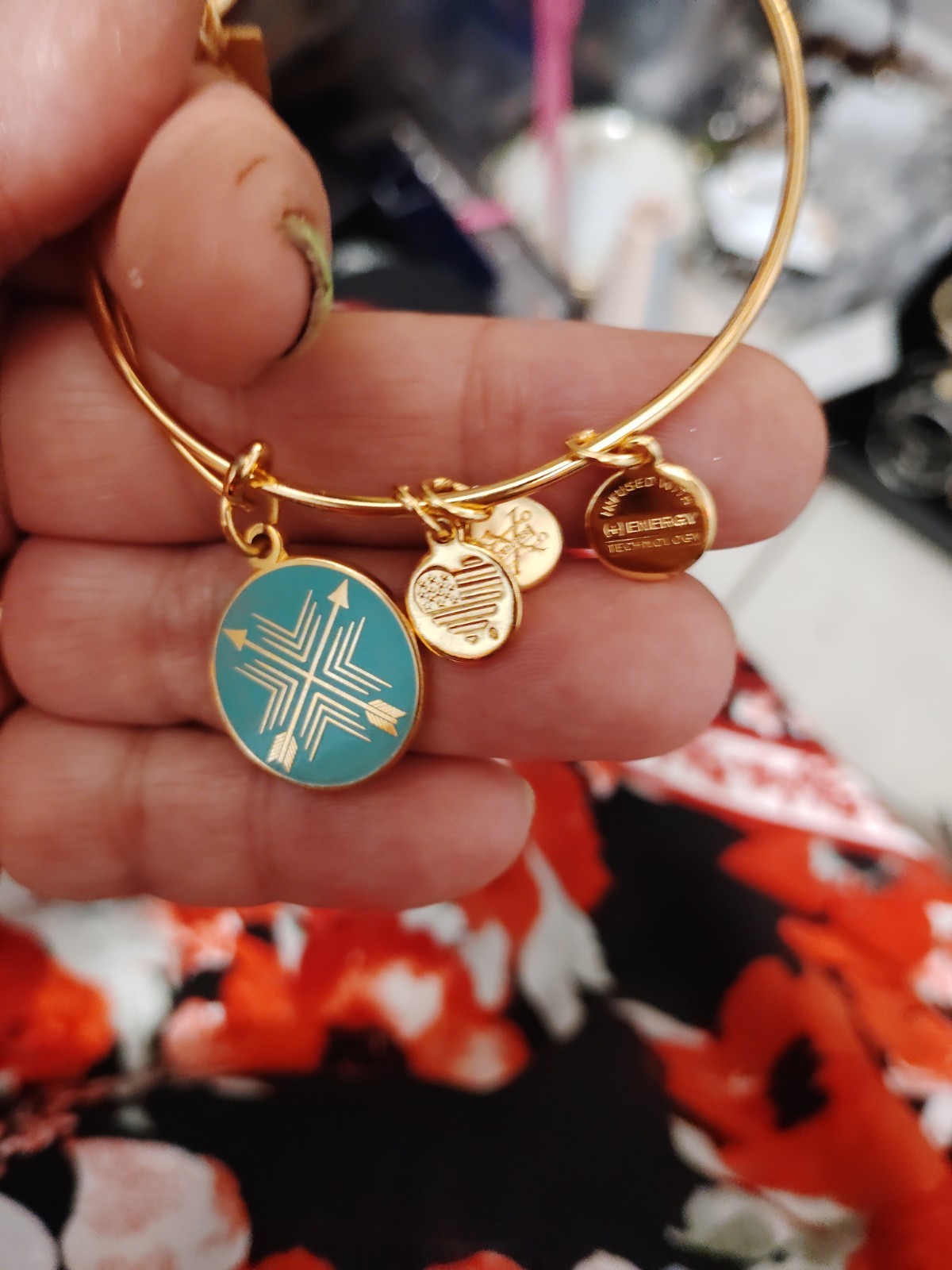 Alex and Ani Signed Sizable Stackable Gold Tone Bangle Teal Snowflake Charm