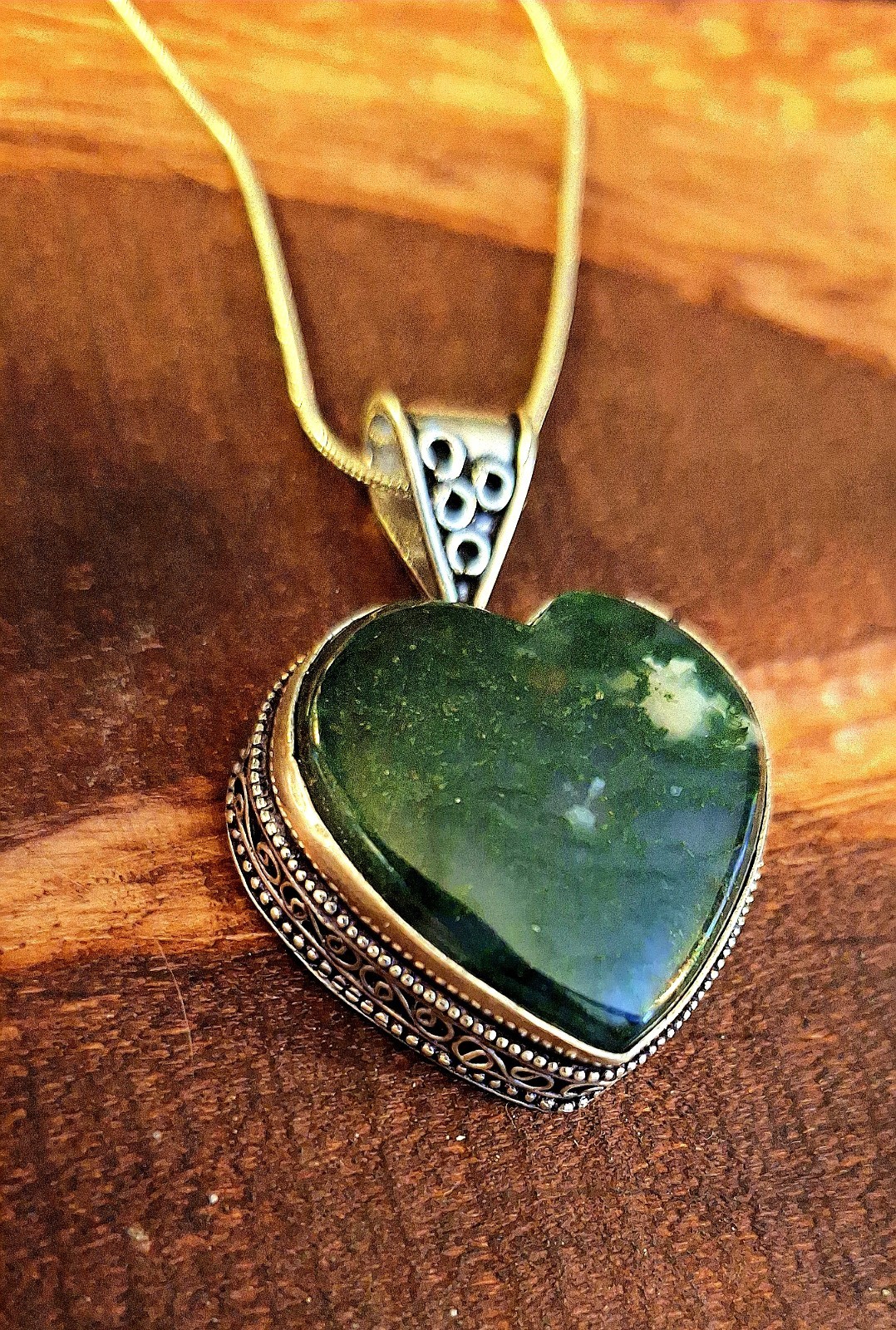 Green Moss Agate Heart Pendant On Silver Chain