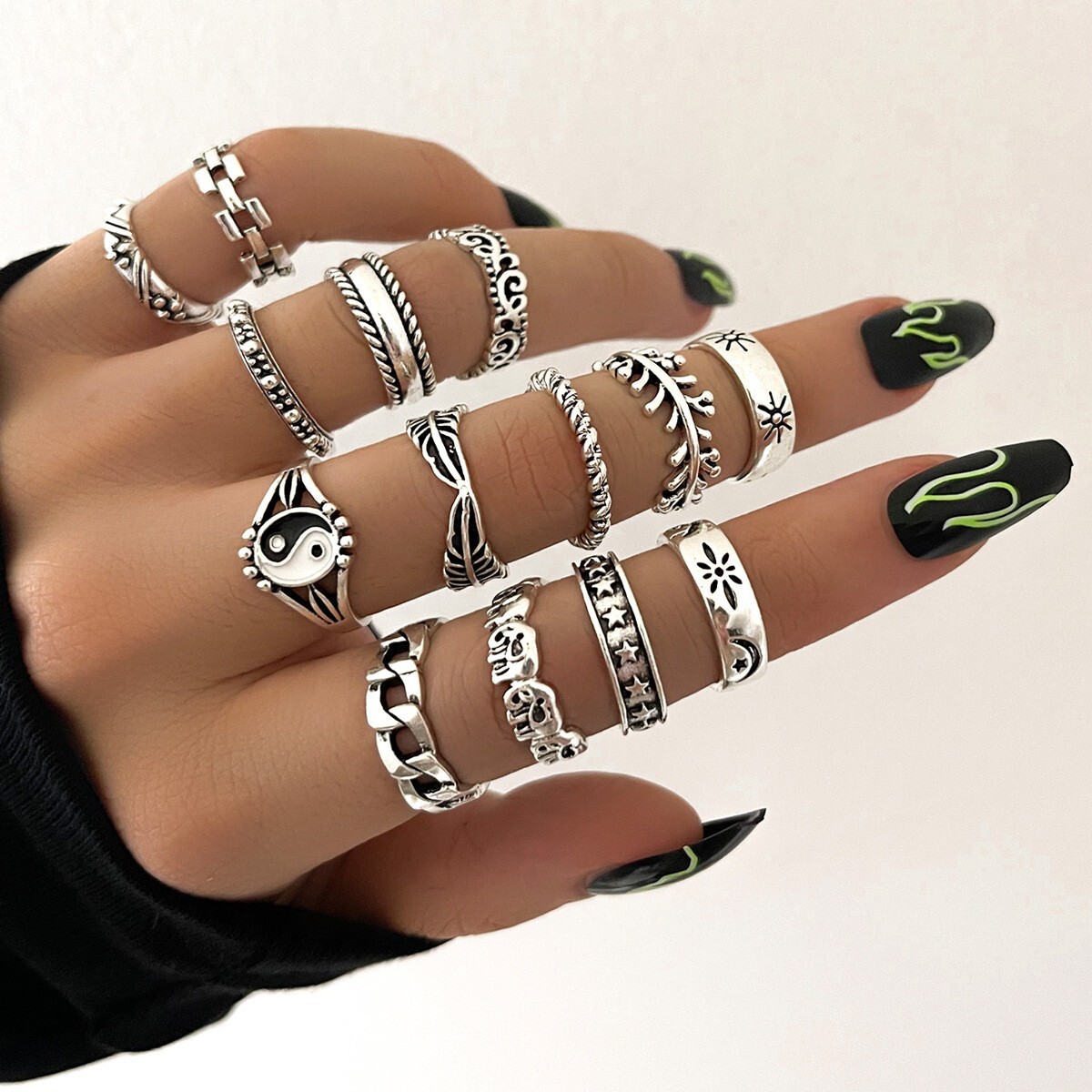 47pcs Antique Silver Gothic Rings Wholesale Mixed Vintage Metal Jewelry Set