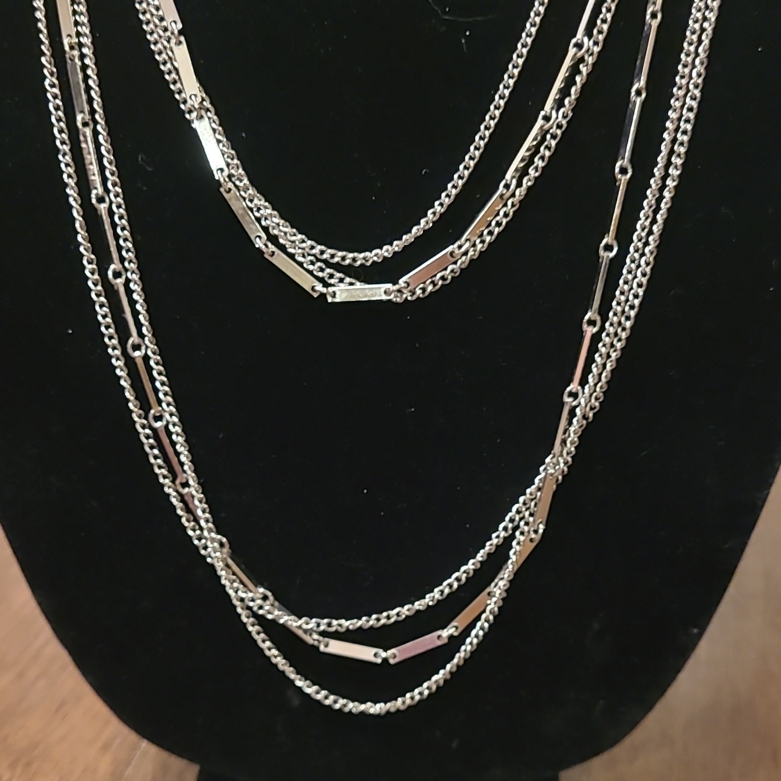 VTG 1960Park Lane Silver Tone Layered Bar Link Chain Necklace Spring Ring Signed