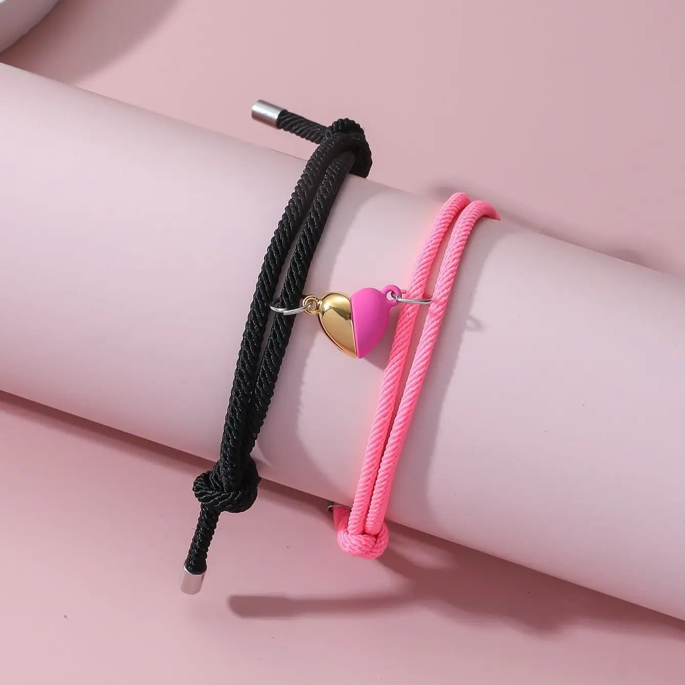 2Pcs Magnetic Couple Bracelet Black White Rope Heart Love Friendship Jewelry