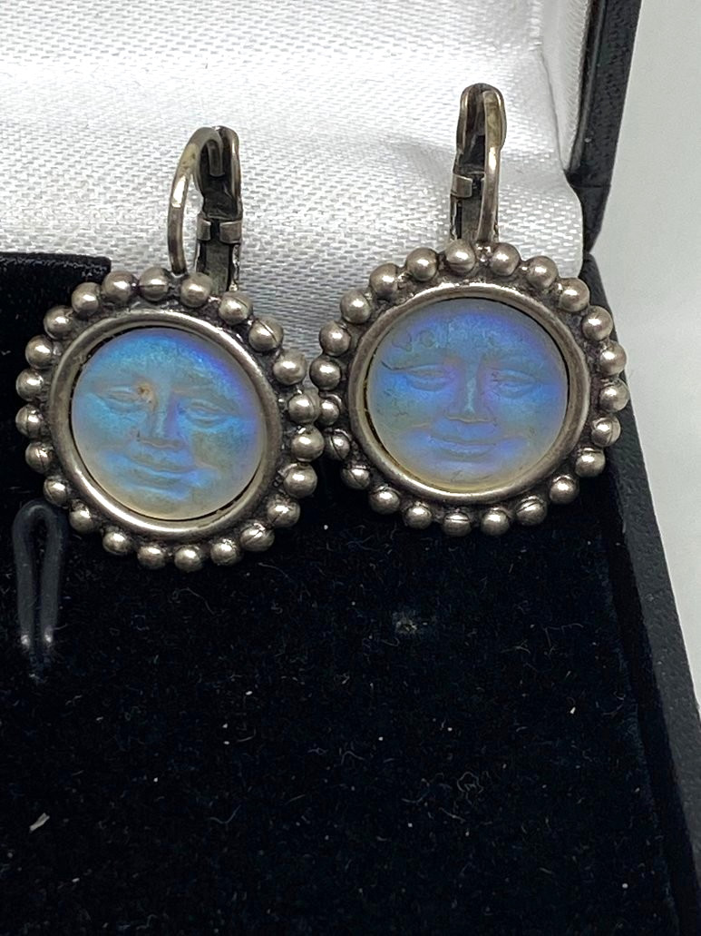 Kirks Folly Moon Face Earrings Iridescent Silvertone Leverback Signed Celestial
