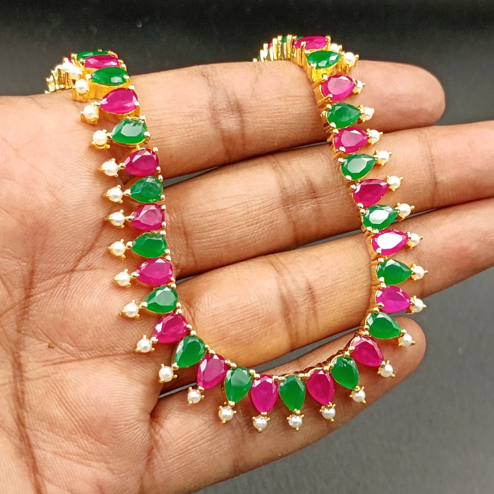 22K Gold Plated Ruby Emerald Pearl Necklace Set Handmade Red Stone Indian Jewelr