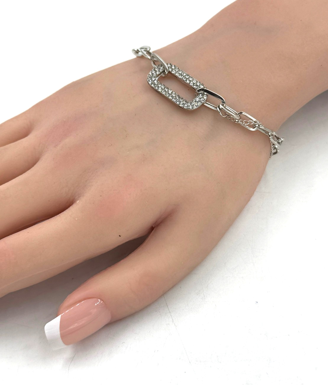 Rhinestone Paper Clip Chain Bracelet White Gold