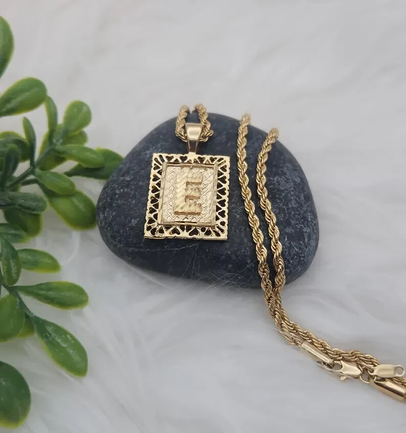 Gold Square Initial Necklace, 3mm Rope Chain, 14k Heavy Plated