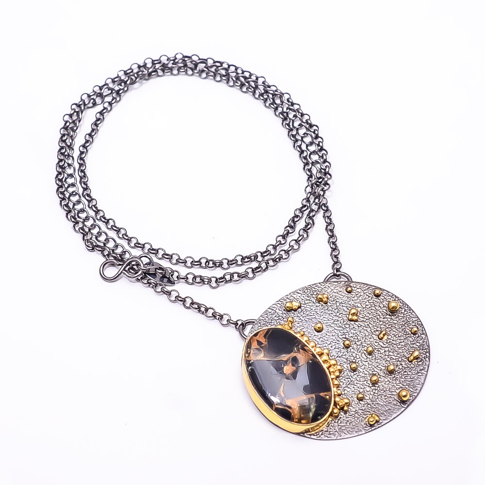 Copper Black Obsidian Black And Gold Rhodium 925 Silver Necklace 19.99″ N12
