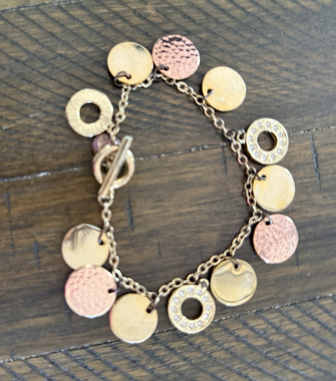 Gold & Rose Gold Tone Charm Cable Chain Bracelet Toggle, Pavé Rhinestones 8in