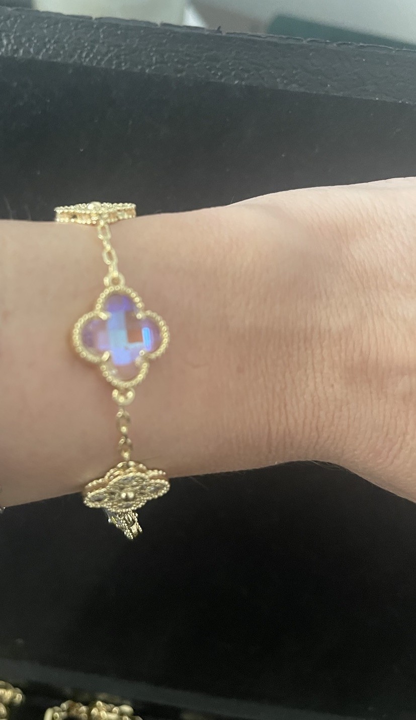Gold Tone Chain Charm Bracelet Blue Clover Dangle Charm Gold Crystal Color