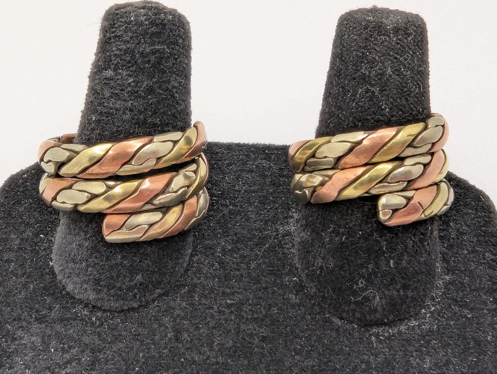 Tibetan Three Metal Coil Rings. Brass, Copper & Silver Tone Metals. Pair Of 2