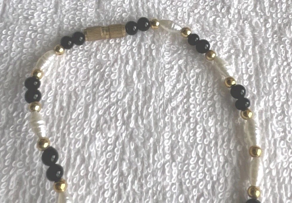 Black, Gold Tone, & Cream Color Beaded Necklace- Very Good Condition