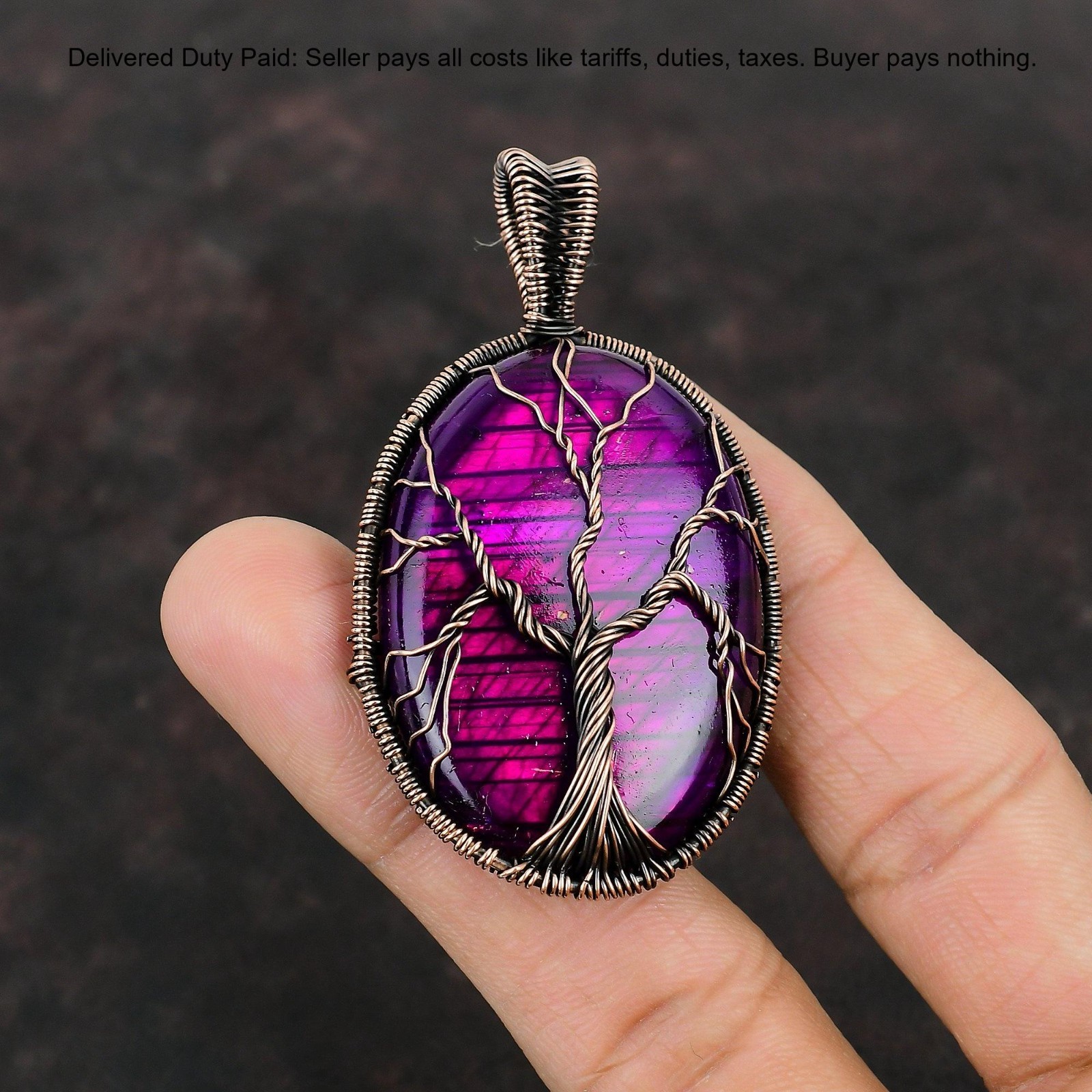 Copper Pink Fire Labradorite Gemstone Wife Tree Of Life And Wire Wrapped Pendant