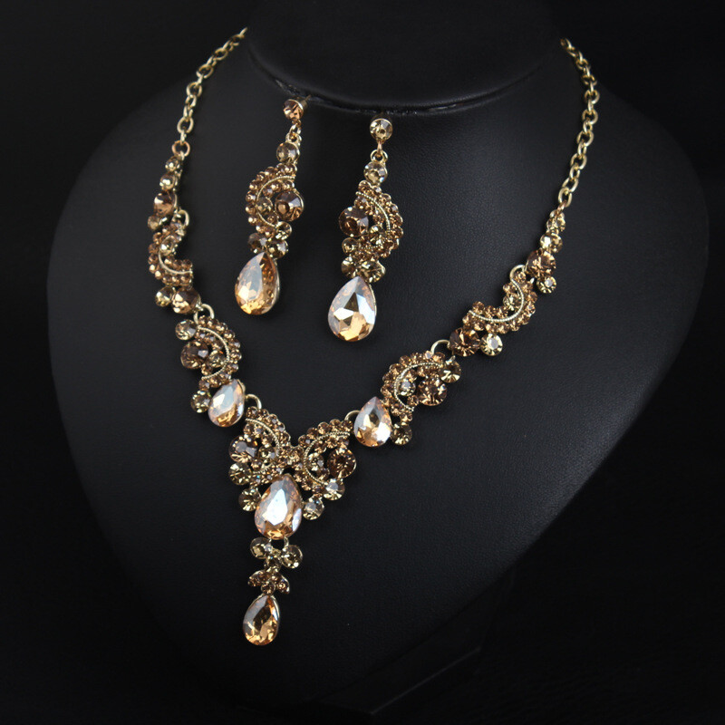 Wedding Bridal Crystal Necklace Earring Jewelry Set Women Evening Party Gifts