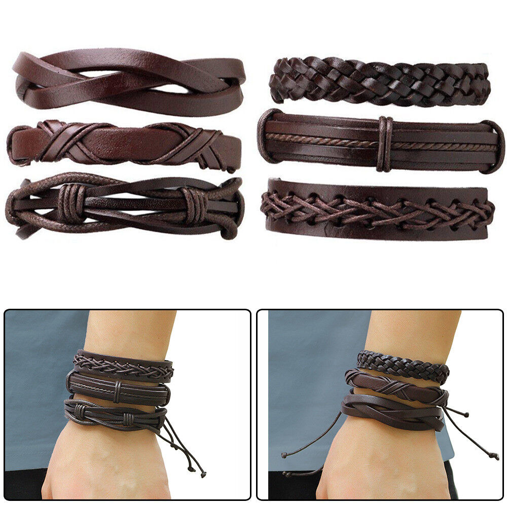 6/12PCS Men Women Braided Leather Rope Bracelet Set Wristband Bangle Tribal