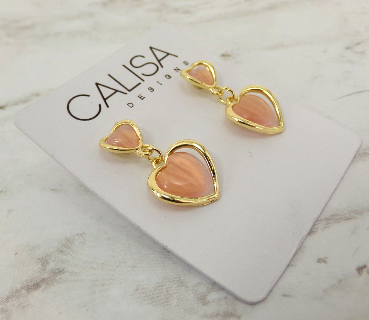 Pink heart earrings with double hearts and pink cat eye stones gold setting NEW
