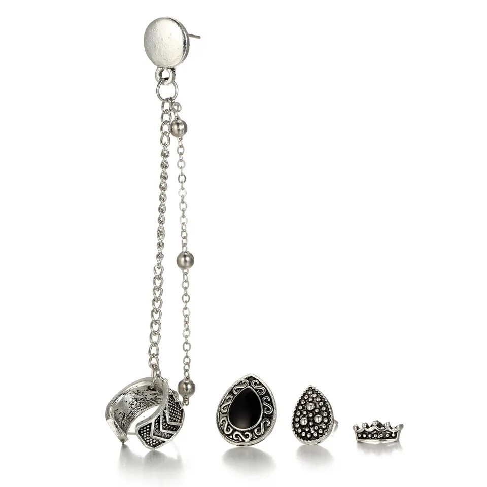 4pcs Stud Bohemian Retro Style Crown Water Droplets Chain Fashion Earrings Cuff