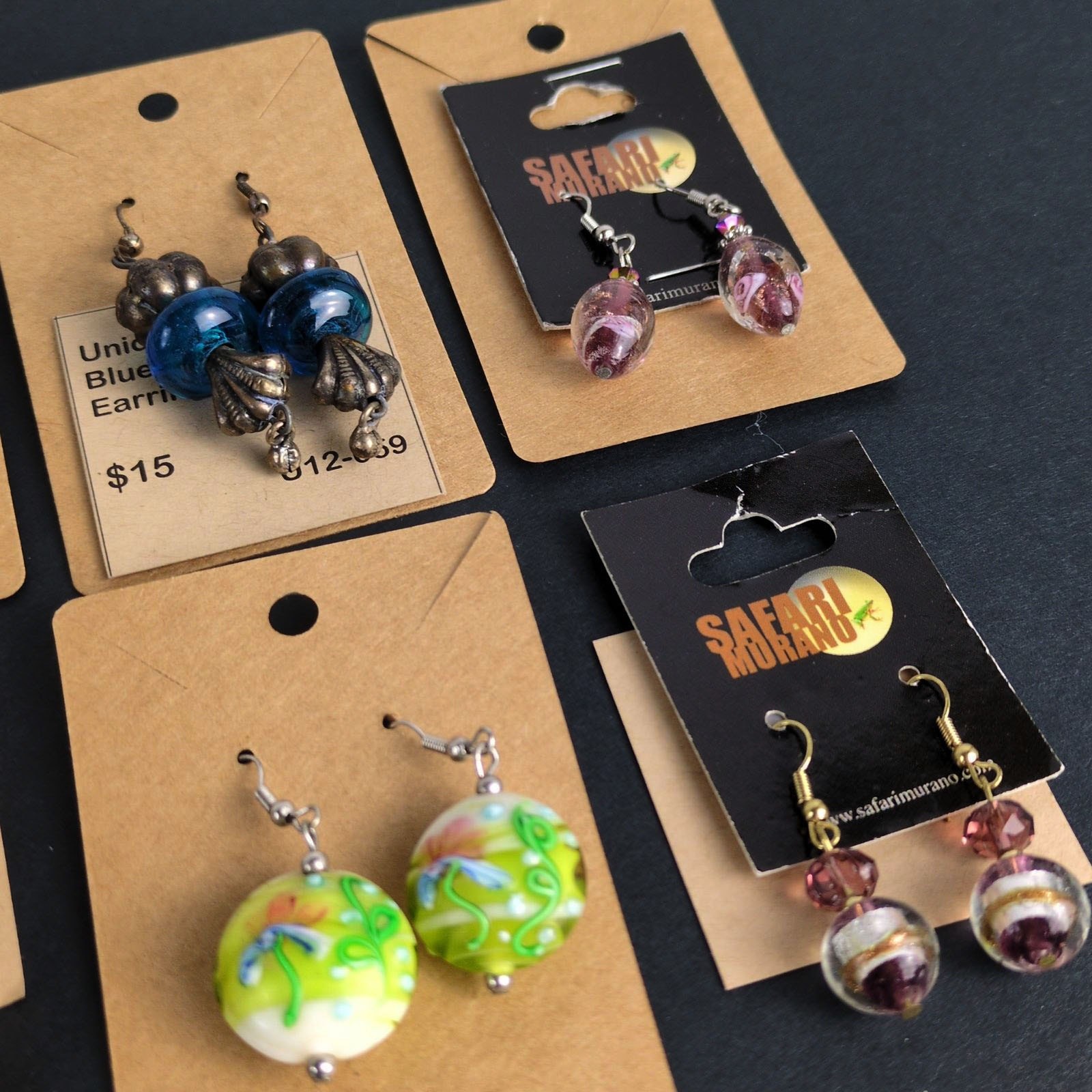 NEW 8 Pair Lot Art Glass Dangle Earrings, Safari Murano Purple Gold Pewter Blue+