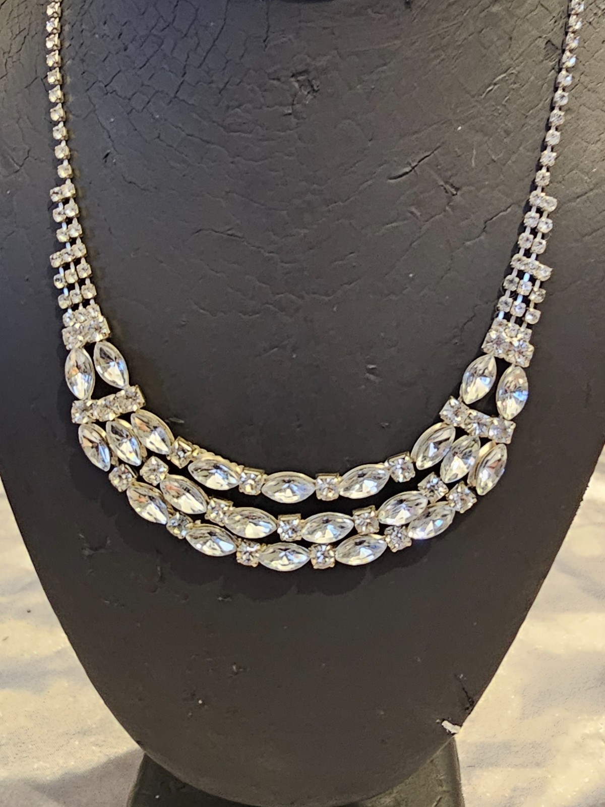 Premier Designs Silver Triple‑Row Crystal Necklace Clear Faceted Stones