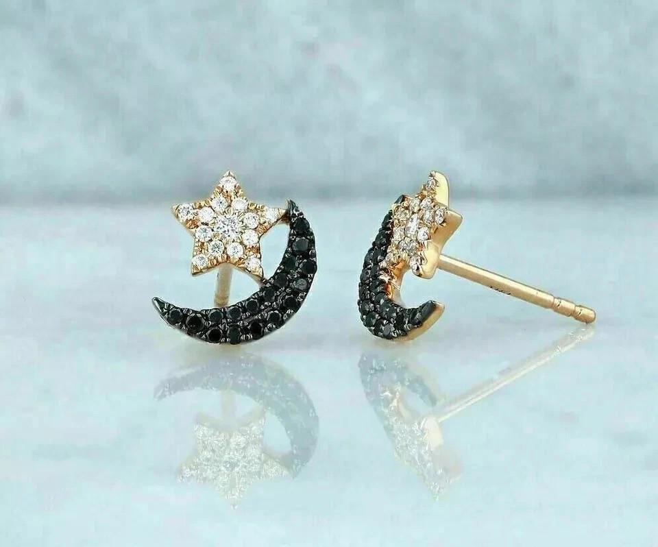 2Ct Round Simulated Black Diamond Moon Star Stud Earring 14K Yellow Gold Plated