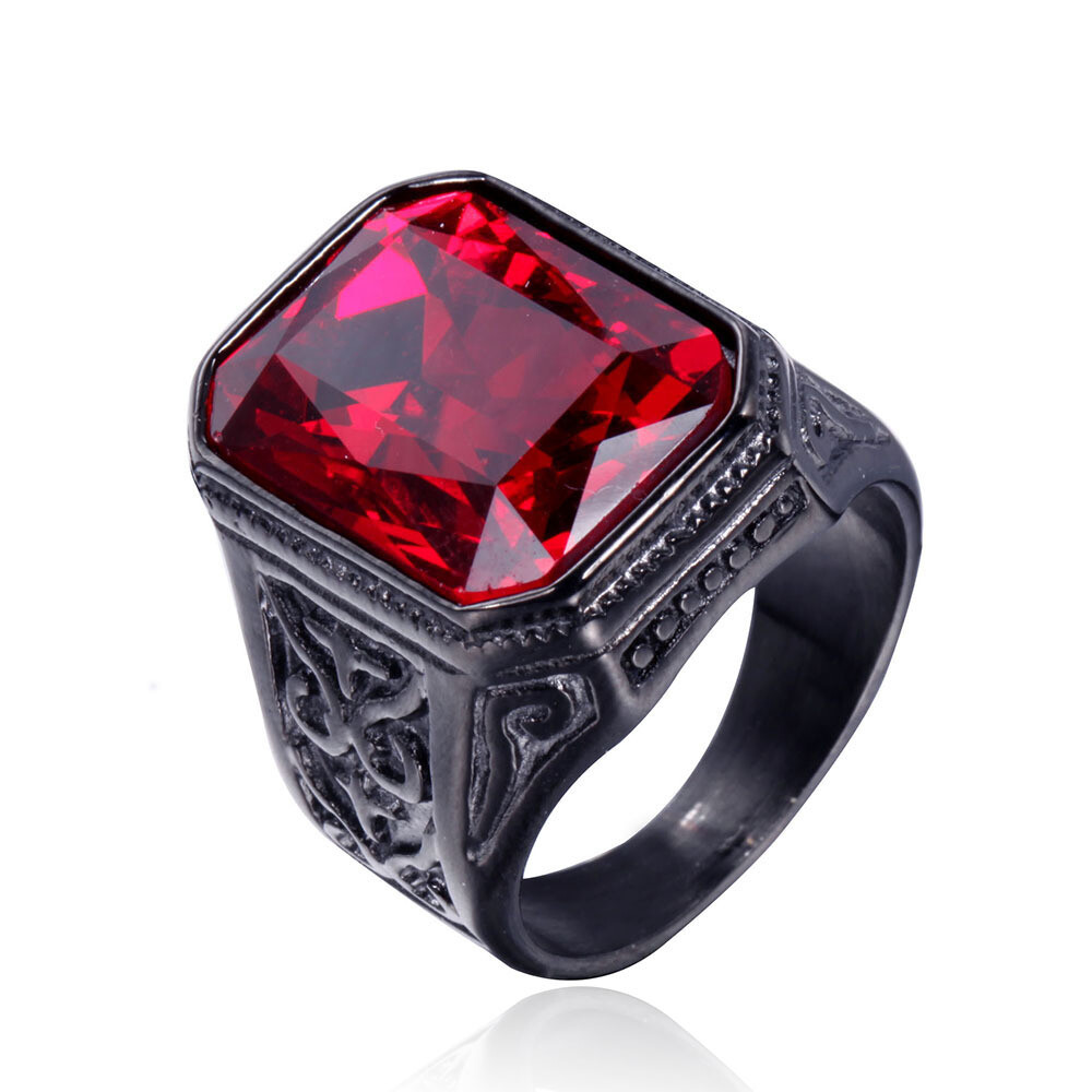 Men Big Stone Ring Stainless Steel Vintage Wedding Promise Cocktail Party Biker